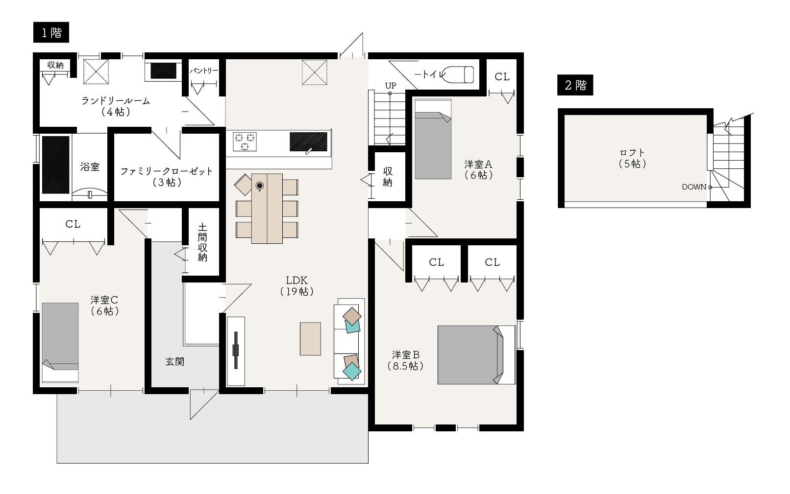 吹抜けロフト付き3LDK平屋間取り図